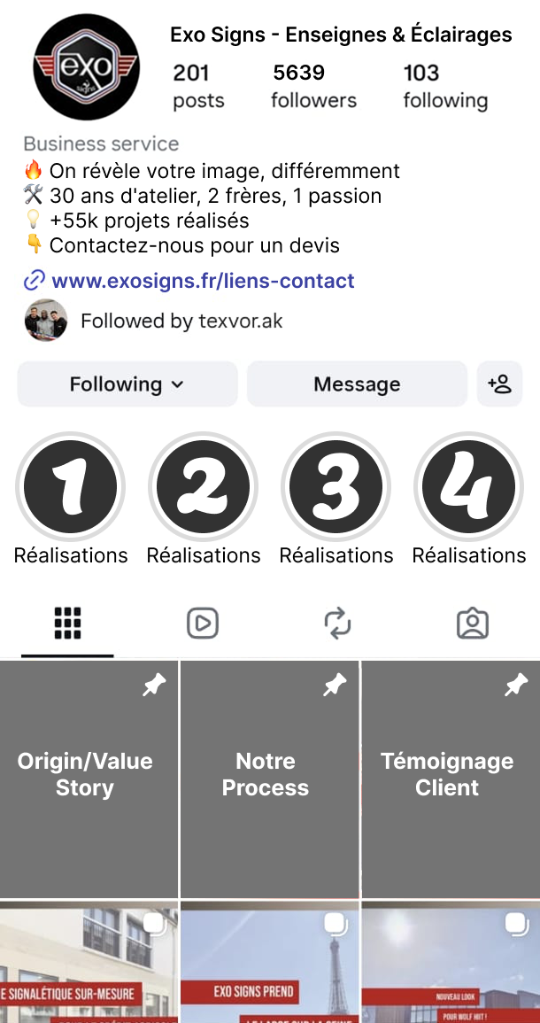 Le compte Instagram ExoSigns après refonte : bio claire, highlights organisés, feed incarné