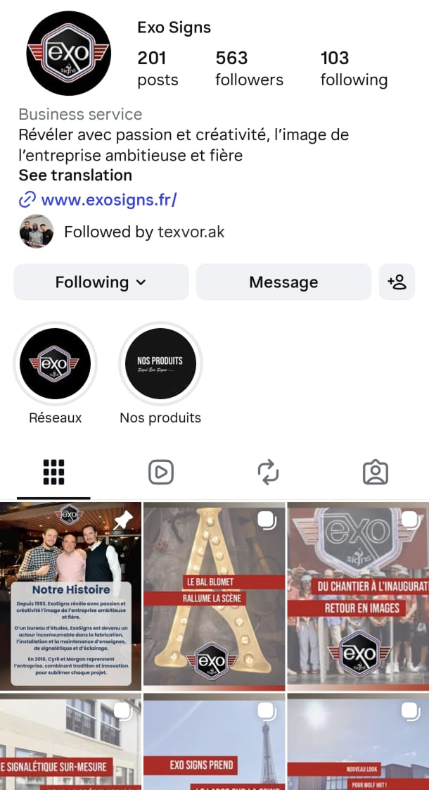 Le compte Instagram ExoSigns aujourd’hui : bio floue, highlights en vrac, feed centré produit